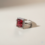 Adjustable Ruby Red Emerald Cut Halo Ring 1 carat