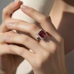 Adjustable Ruby Red Emerald Cut Halo Ring 1 carat