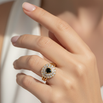 Adjustable 1 Carat Black Onyx Teardrop Double Halo Ring