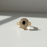 Adjustable 1 Carat Black Onyx Teardrop Double Halo Ring