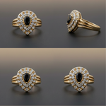 Adjustable 1 Carat Black Onyx Teardrop Double Halo Ring